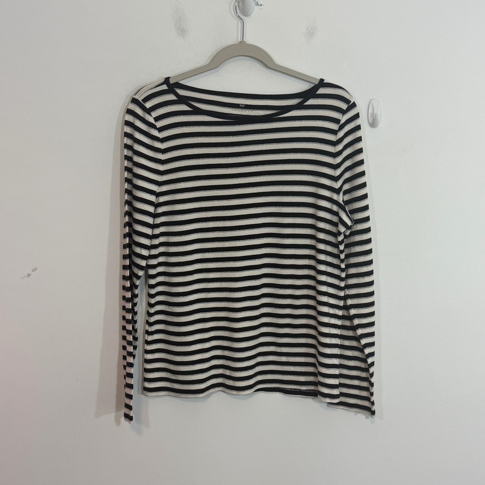 Talbots Womens Top XL Black White Striped Metallic Silver Long Sleeve Boat Neck